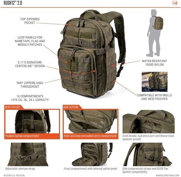 5.11 TACTICAL, RUSH12 2.0 BACKPACK, ZAINO MILITARE CON STANDARD MOLLE - immagine 6